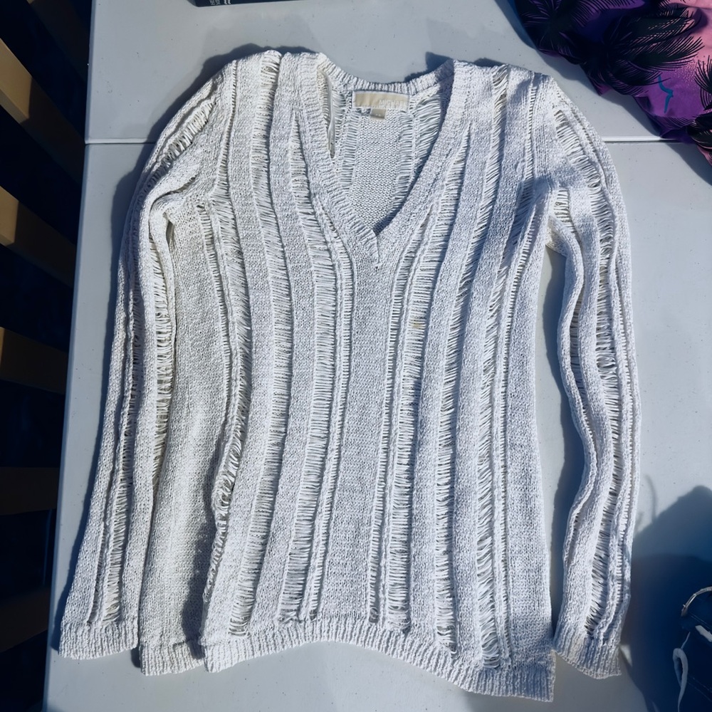 Michael Kors White V-Neck Cable-Knit Sweater